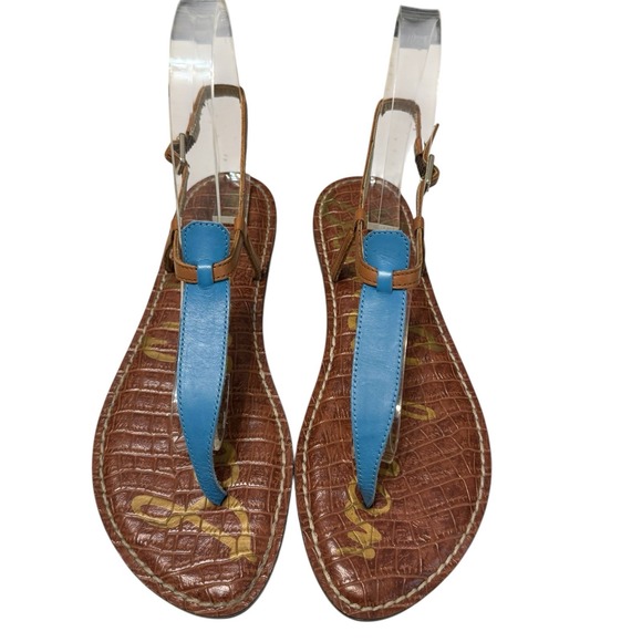 SAM EDELMAN Size 8.5 Gigi Thong Sandals Blue/‎ Brown Leather - Picture 1 of 5